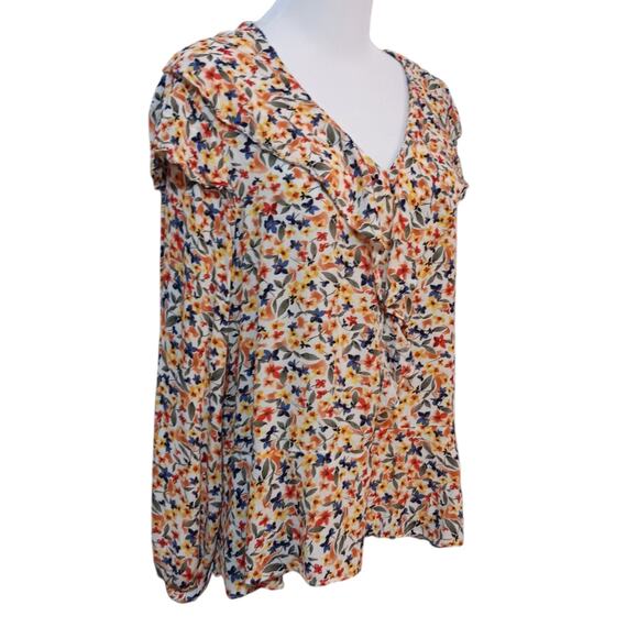 DEMOCRACY Blouse Top Shirt Size‎ XL Boho Floral Ruffled V-Neck Yellow Blue - Picture 5 of 10